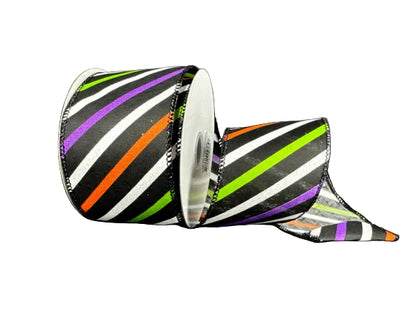 2.5 Inch By 10 Yard Purple Black Lime White Striped Ribbon