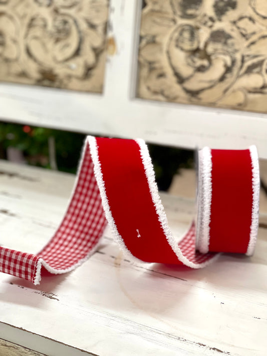 2.5 Inch By 10 Yard Red Velvet With Red Gingham Backing And White Drift Ribbon