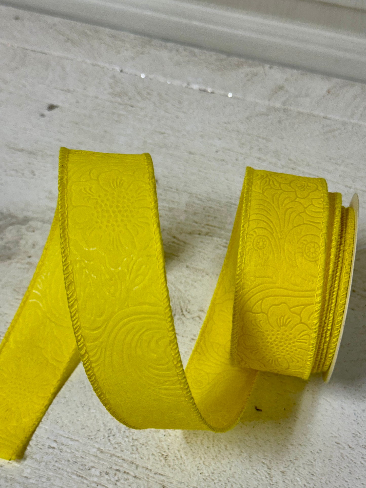 1.5 Inch By 10 Yard Yellow Floral Leaves Ribbon