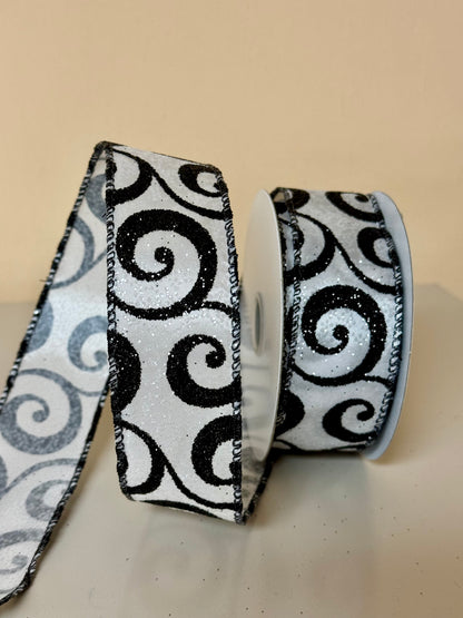 1.5 Inch By 10 Yard White Glitter Ribbon With Black Glitter Swirls