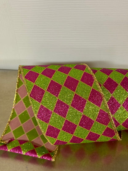 4 Inch By 10 Yard Hot Pink And Lime Glitter Harlequin Ribbon