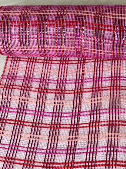 10 Inch By 10 Yard Pink And Red Foil Plaid Mesh
