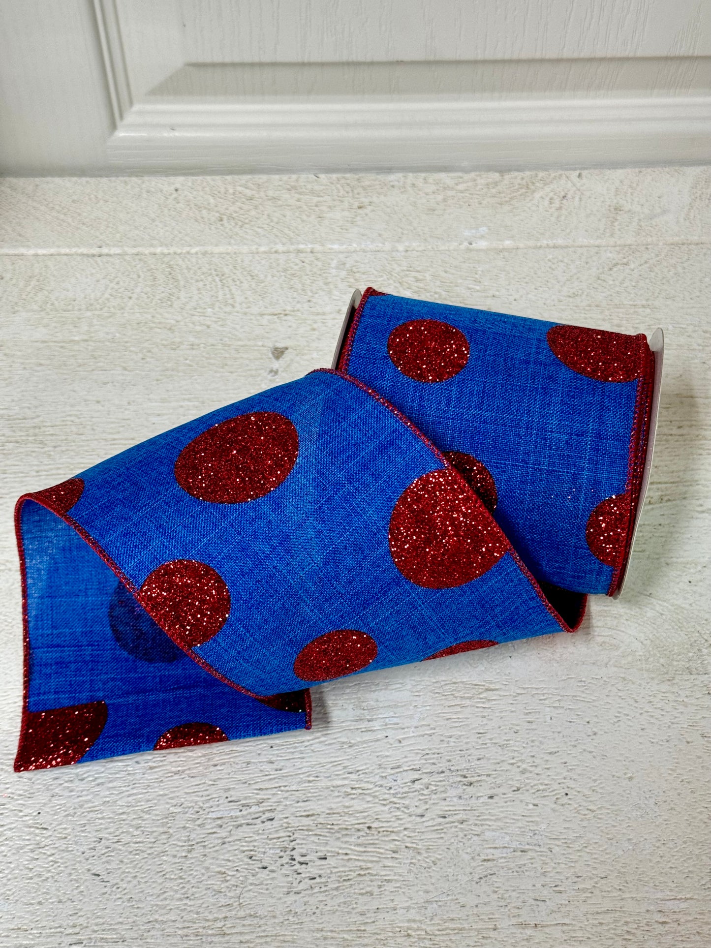 4 Inch By 10 Yard Royal Blue And Red Polka Dot Ribbon