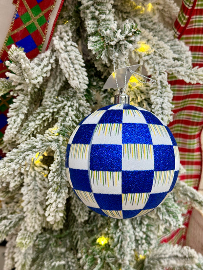 4 Inch Blue And White Glitter Check Ornament
