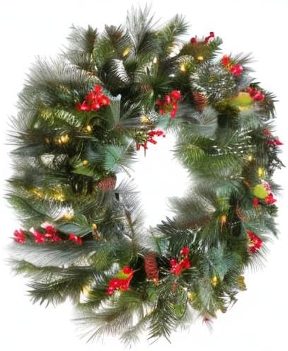 24 Inches National Tree Company Pre-Lit Artificial Christmas Wreath Green Crestwood Spruce, White Lights Decorated with Pine Cones Berry Cluster Frosted Branches Christmas Collection Open Box