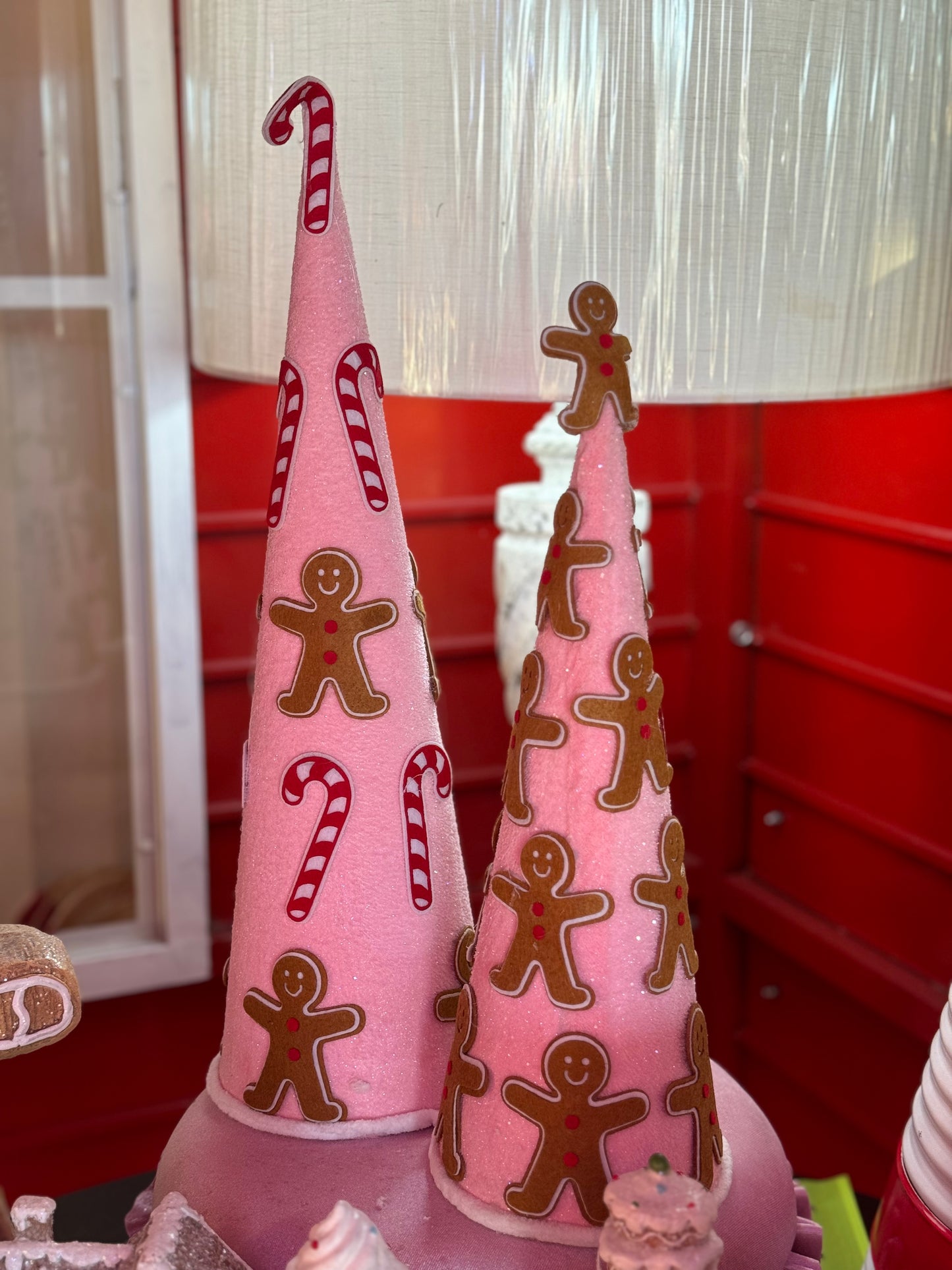 Pink And Red Gingerbread/Candy Cane Set Of Two Cone Trees