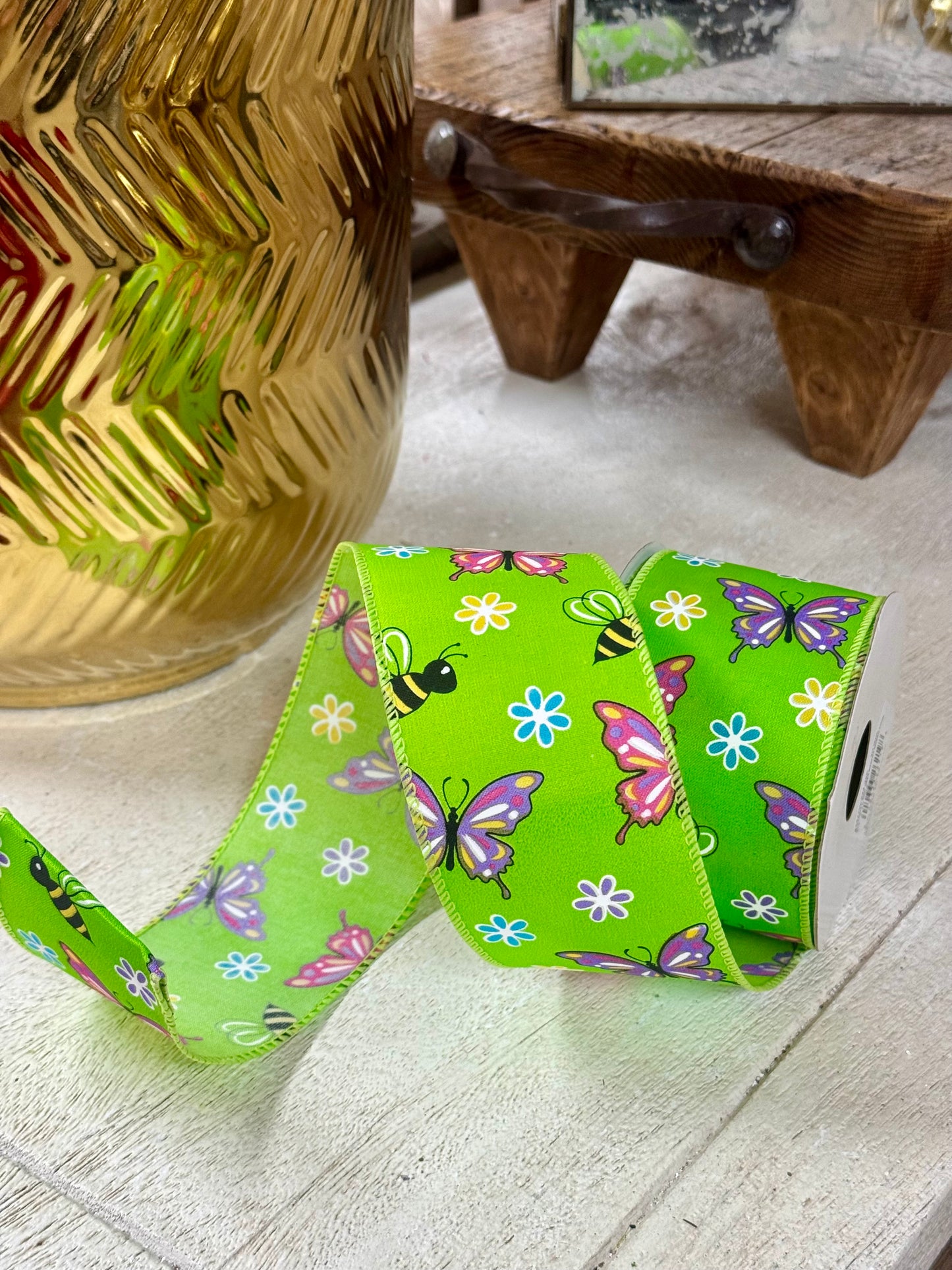 2.5 Inch By 10 Yard Green Butterfly And Bees Ribbon