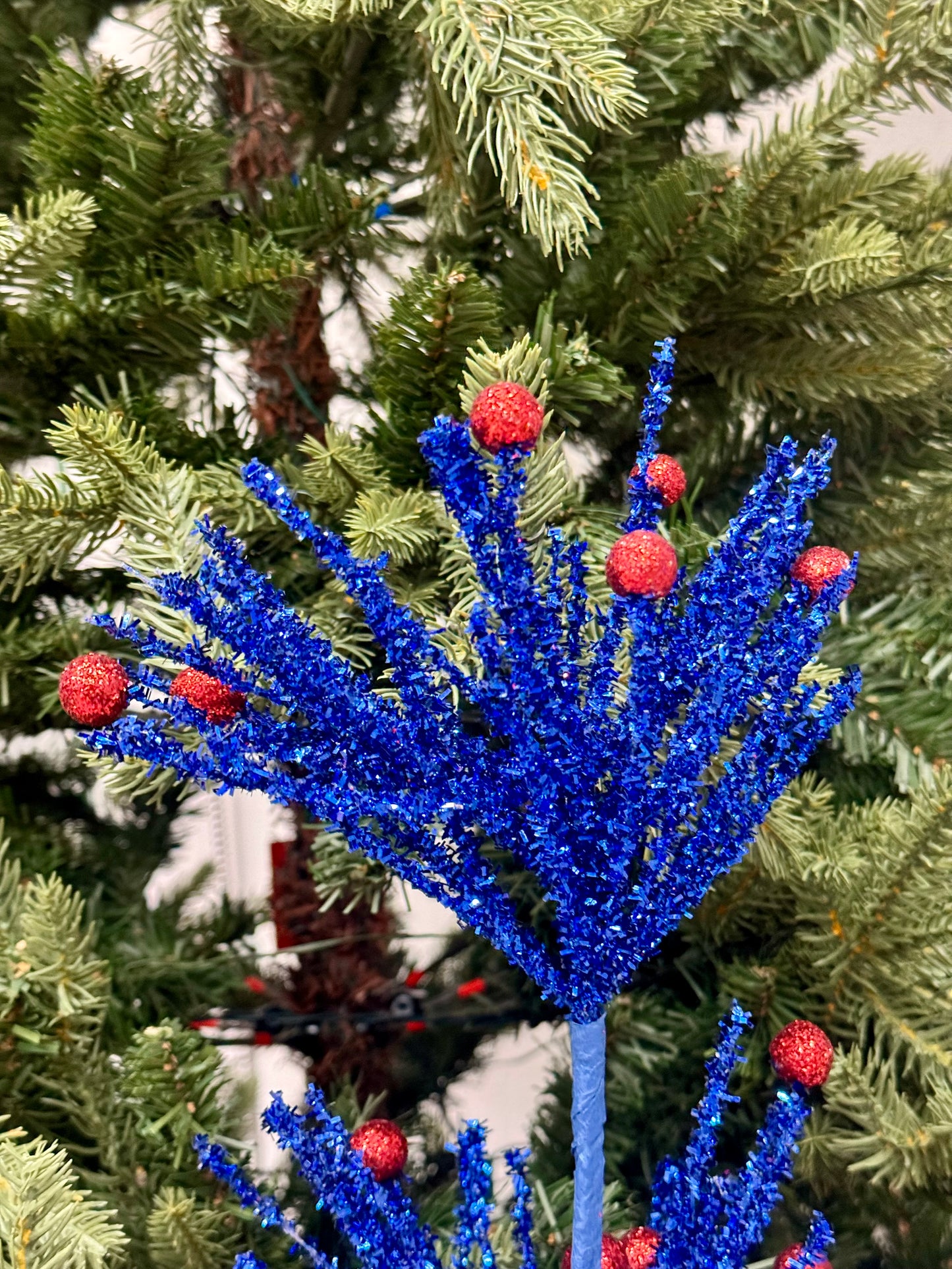 25 Inch Royal Blue And Red Glitter Pine Spray