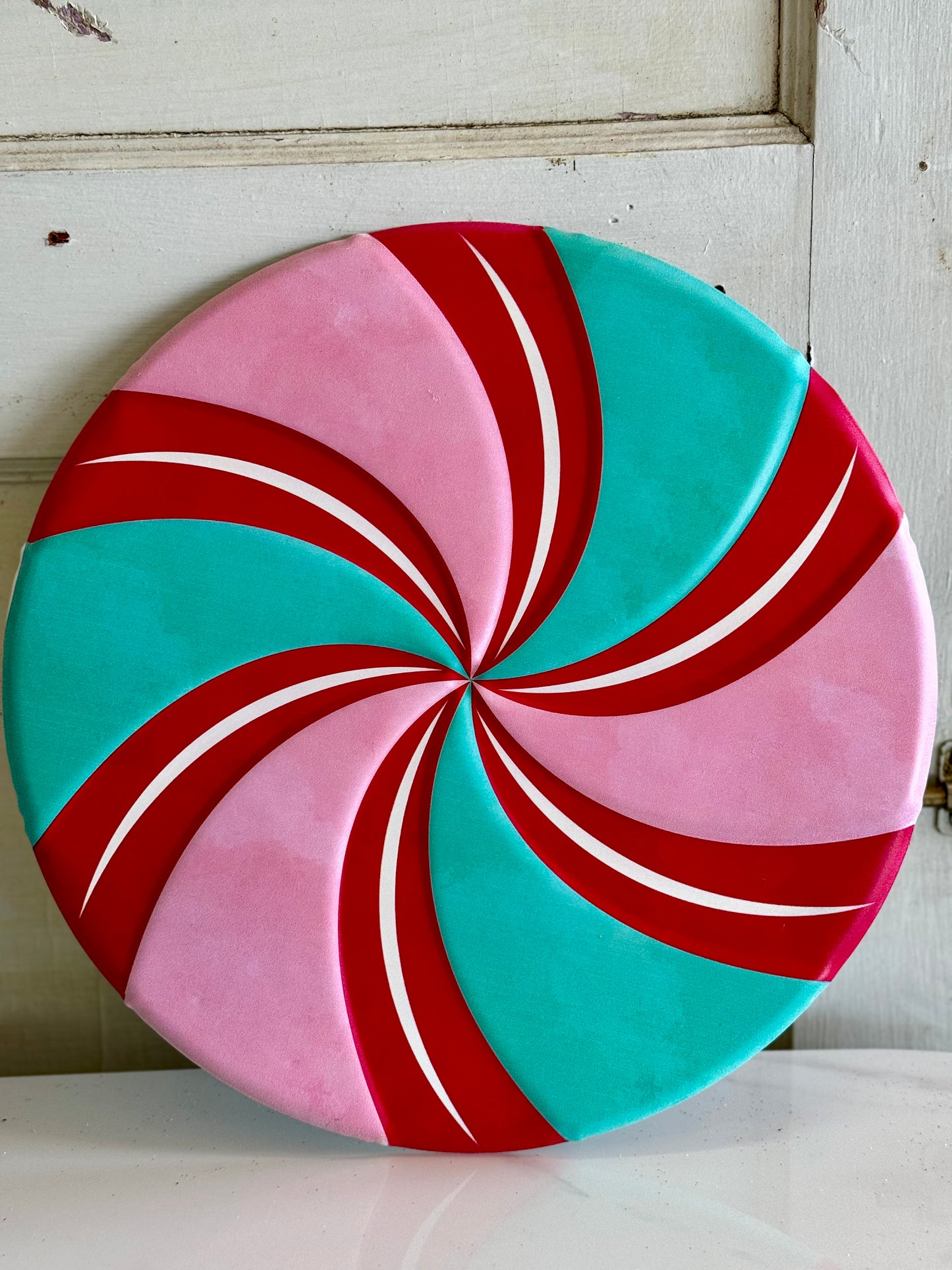 12 Inch Red Pink And Mint Metal Embossed Peppermint Sign