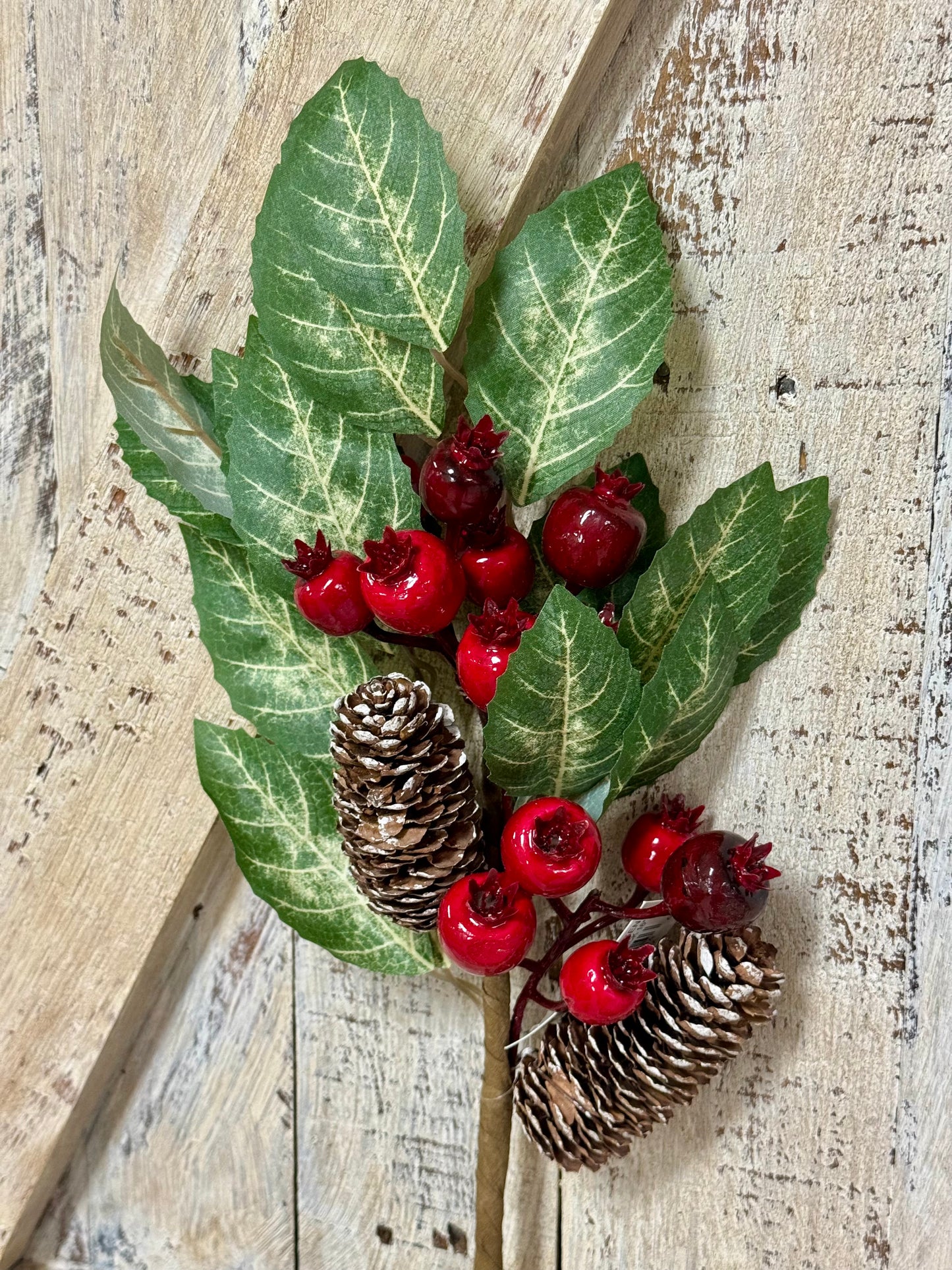 16 Inch Red And Green Berry Pinecone With Leaves Pick
