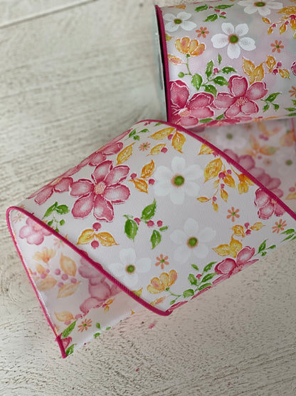 4 Inch By 10 Yard White Background With Watercolor Flowers Ribbon
