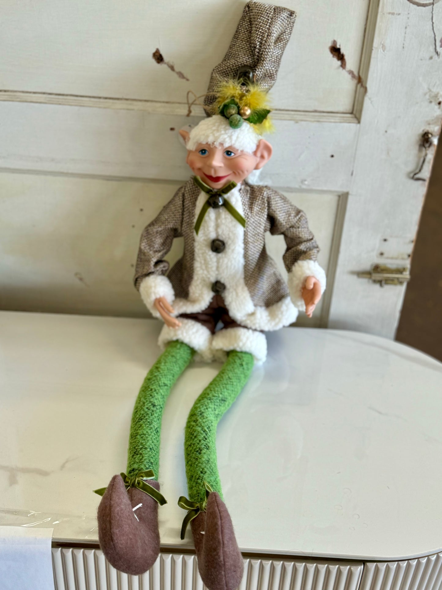 36.5 Inch Brown And Cream Poseable Whimsical Elf