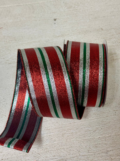 2.5 Inch By 10 Yard Red Silver And Emerald Metallic Stripe Ribbon