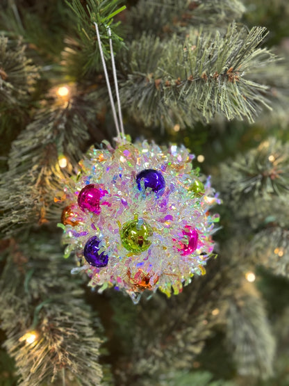 4.5 Inch Iridescent Tinsel Multi Color Ball Ornament