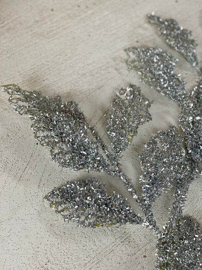 28 Inch Silver Glitter Mesh Leaves Spray