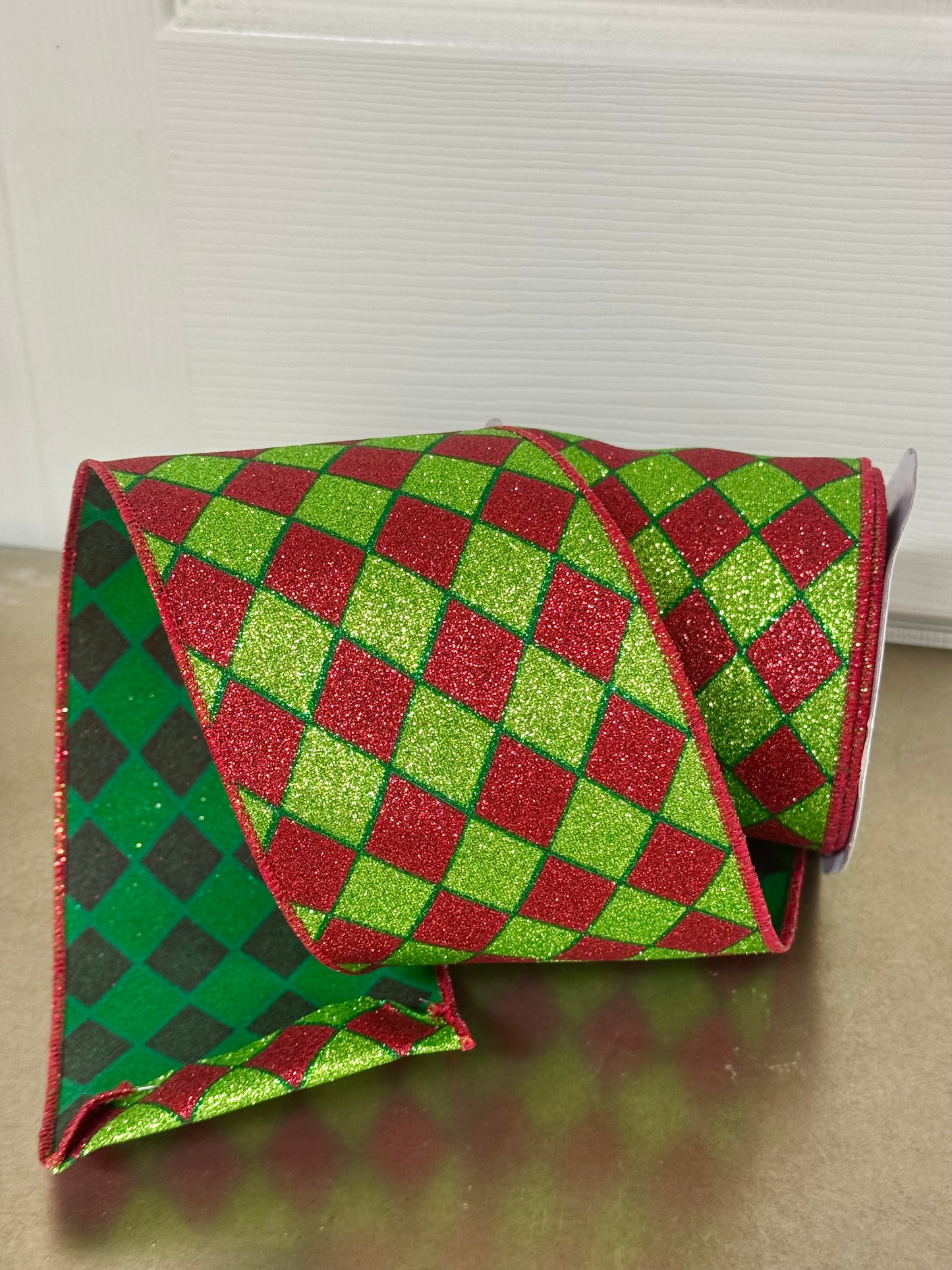 4 Inch By 10 Yard Red And Lime Glitter Harlequin Ribbon
