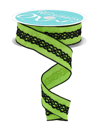 1.5 Inch By 10 Yard Lime Green And Black Lace On Faux Royal Ribbon