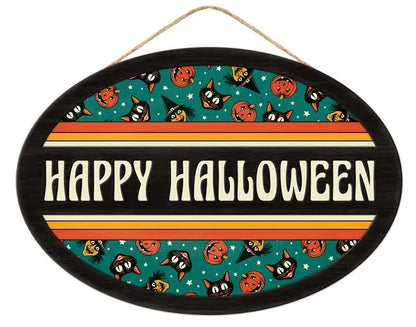 13 Inch By 9 Inch Teal Yellow And Orange Happy Halloween Oval Wood Sign