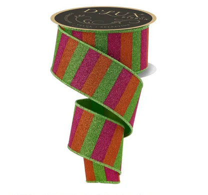 2.5 Inch By 10 Yard Hot Pink Orange And Lime Glitter Stripe Fused Ribbon