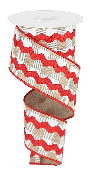 2.5 Inch By 10 Yard Red Tan And White Fancy Ric Rac On Check Ribbon