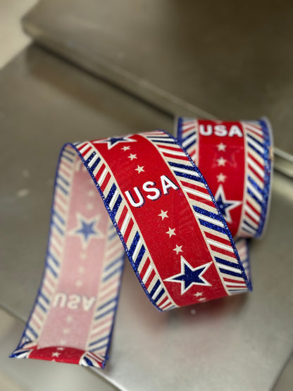 2.5 Inch By 10 Yard USA Ribbon With Diagonal Border Ribbon