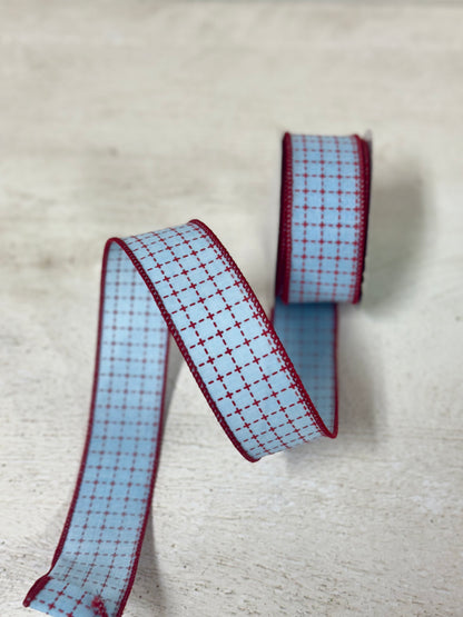 1.5 Inch By 10 Yard Pale Blue And Red Stitched Squares Ribbon