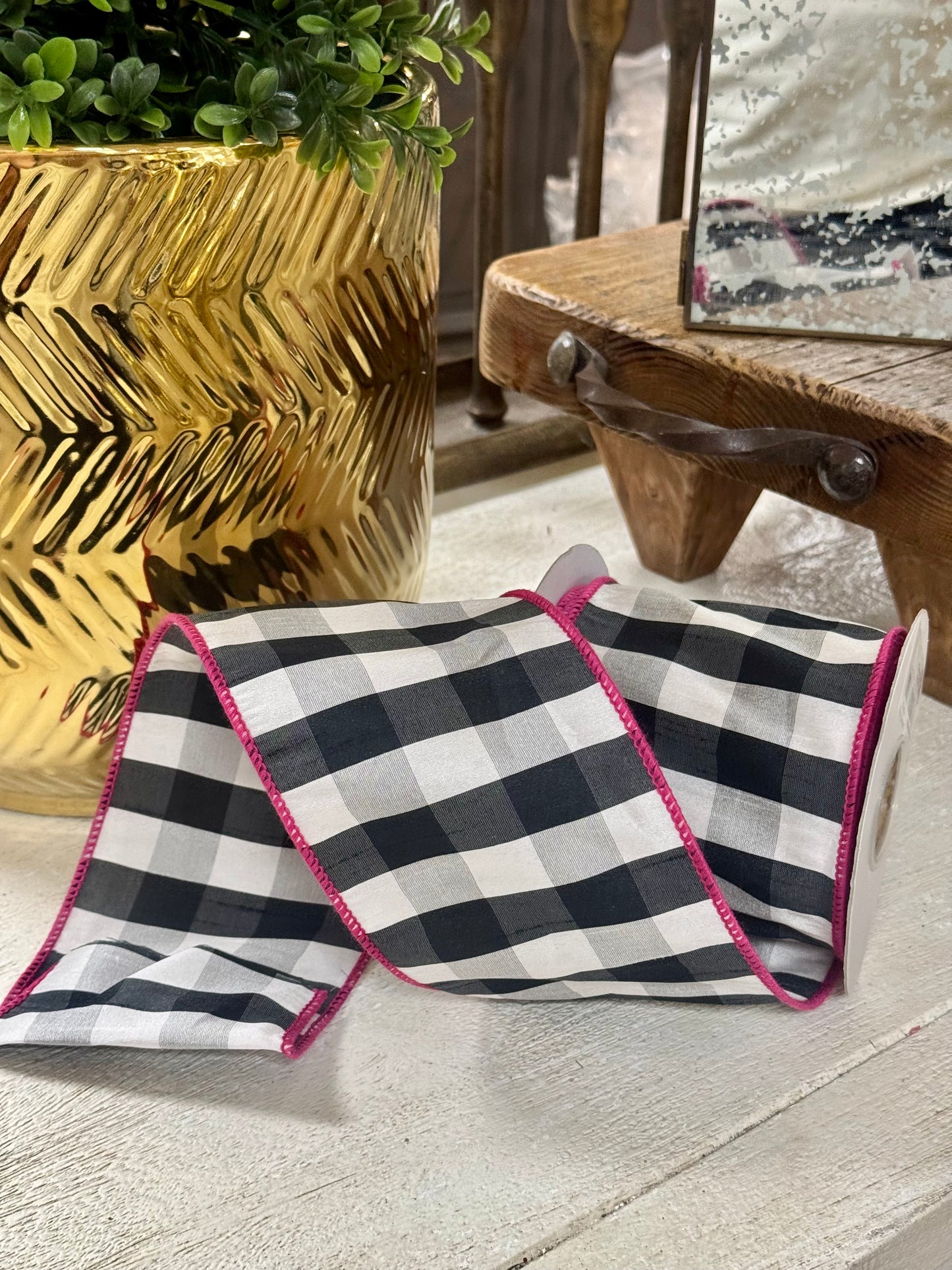 4 Inch By 10 Yard Black And White Gingham With Pink Edging Ribbon