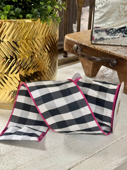 4 Inch By 10 Yard Black And White Gingham With Pink Edging Ribbon