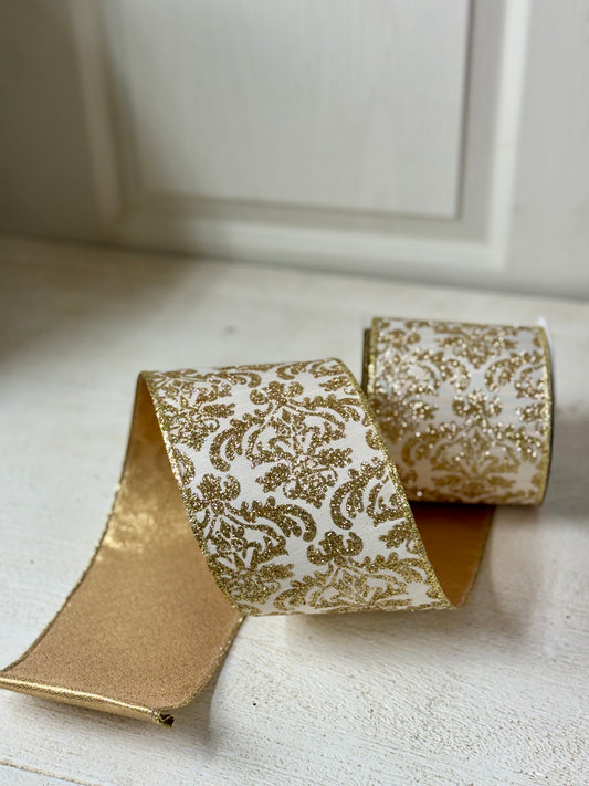 4 Inch By 10 Yard Ivory With Gold Bold Demask With Metallic Fused Back Ribbon