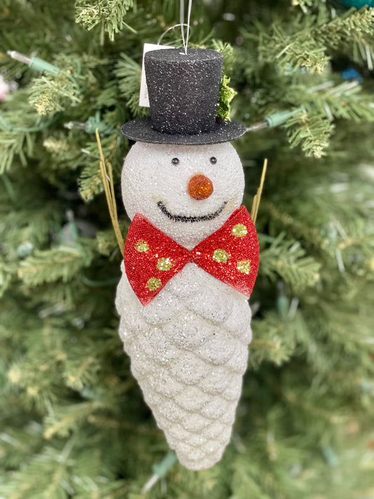 Glitter Snowman Head With A Pinecone Body Ornament