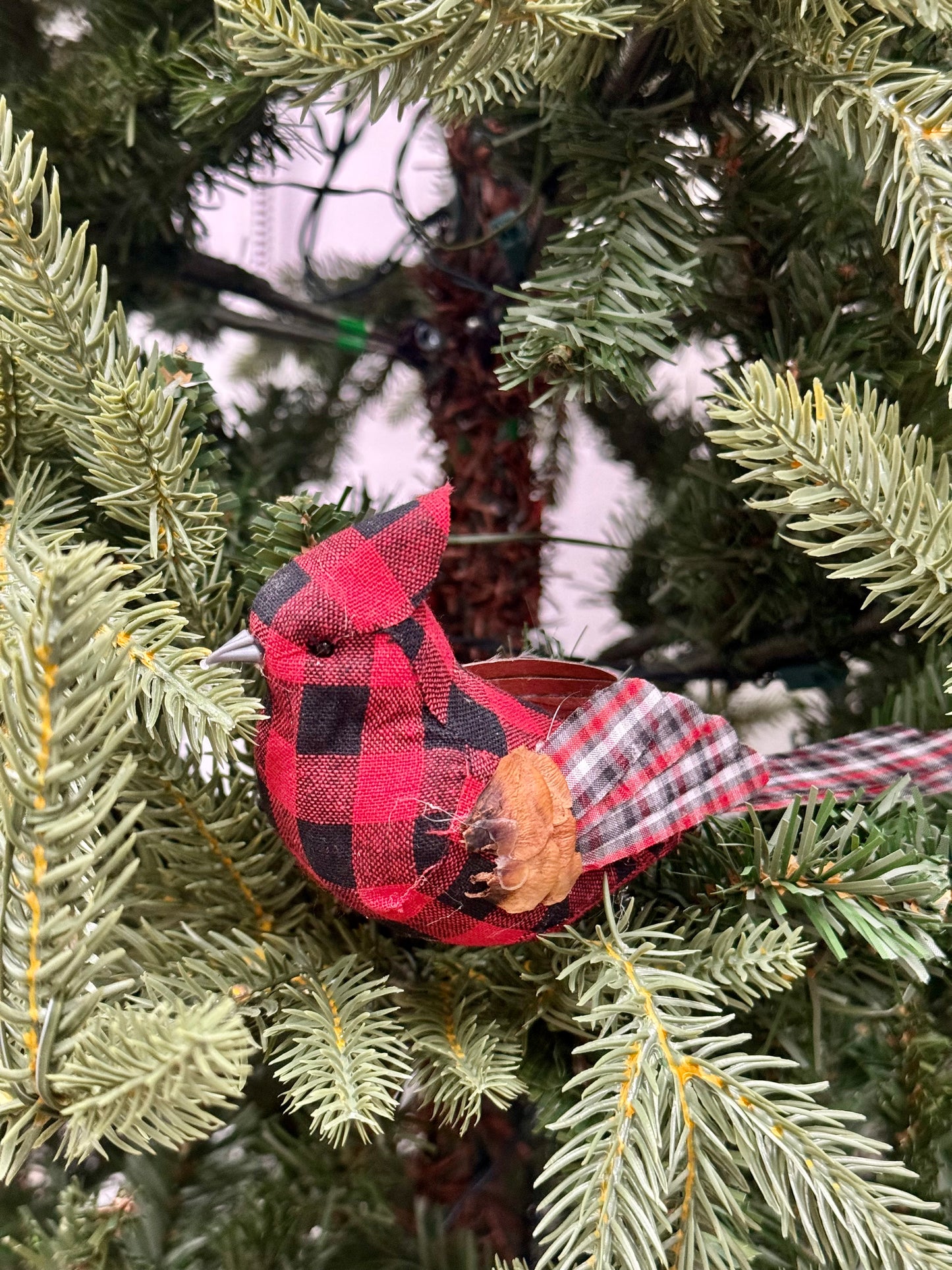 7 Inch Red Black Plaid Cardinal On Wire