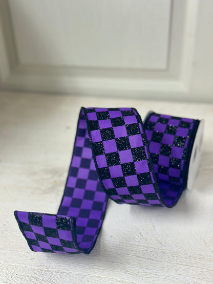 2.5 Inch By 10 Yard Purple And Black Glitter Check Ribbon