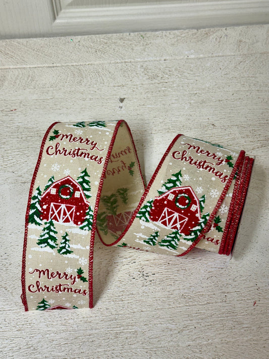 2.5 Inch By 10 Yards Merry Christmas Barn Ribbon