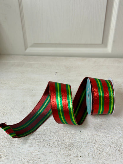 2.5 Inch By 10 Yard Red Emerald Lime Metallic Striped Ribbon