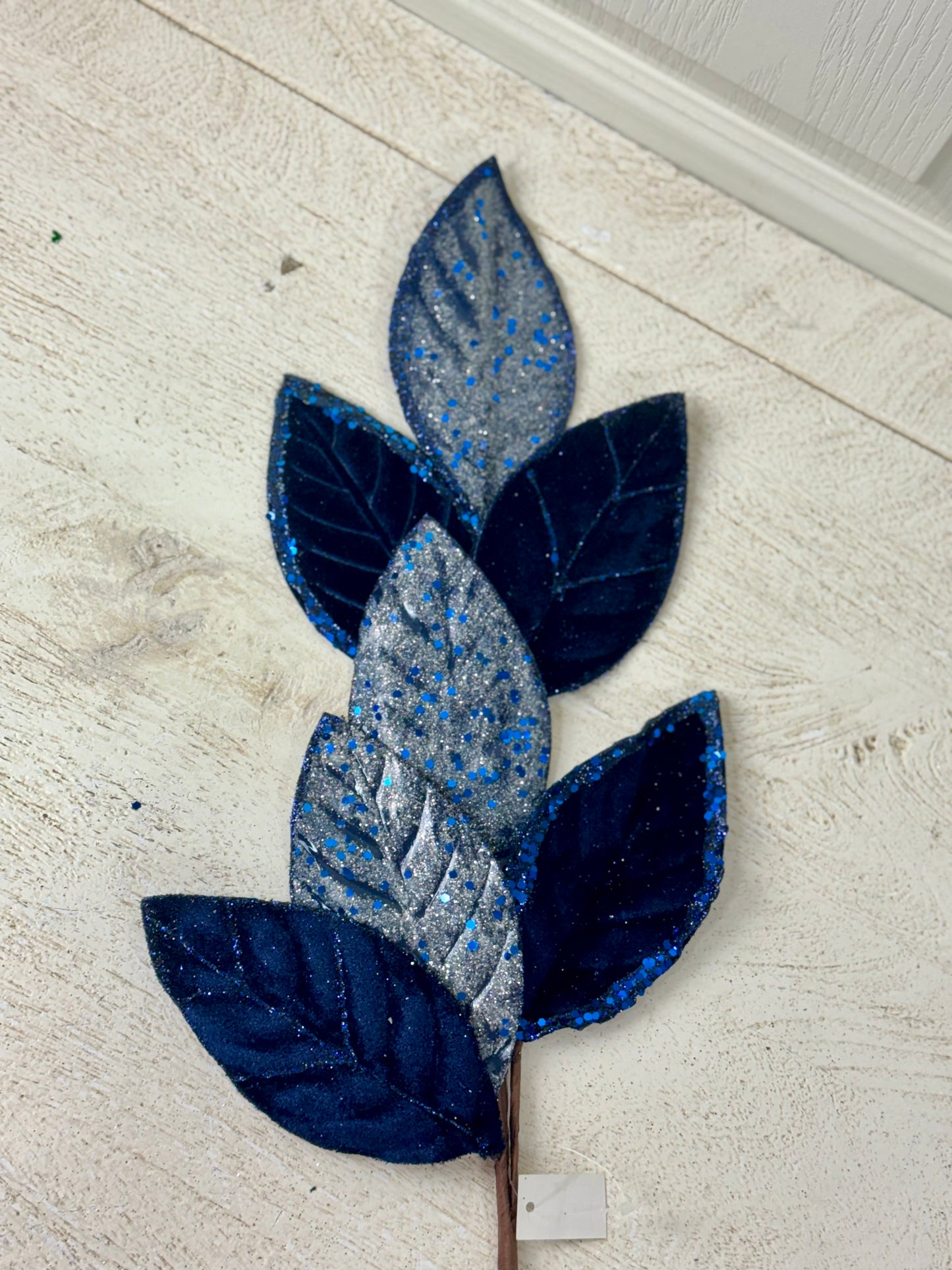 27 Inch Navy Blue Velvet And Glitter Magnolia Leaf Spray