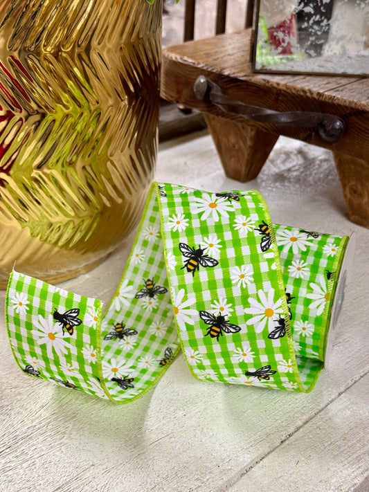 2.5 Inch By 10 Yard Green And White Bees And Daises Gingham Check Ribbon