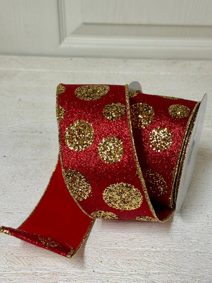 2.5 Inch By 10 Yard Red And Gold Glitter Polka Dot Ribbon