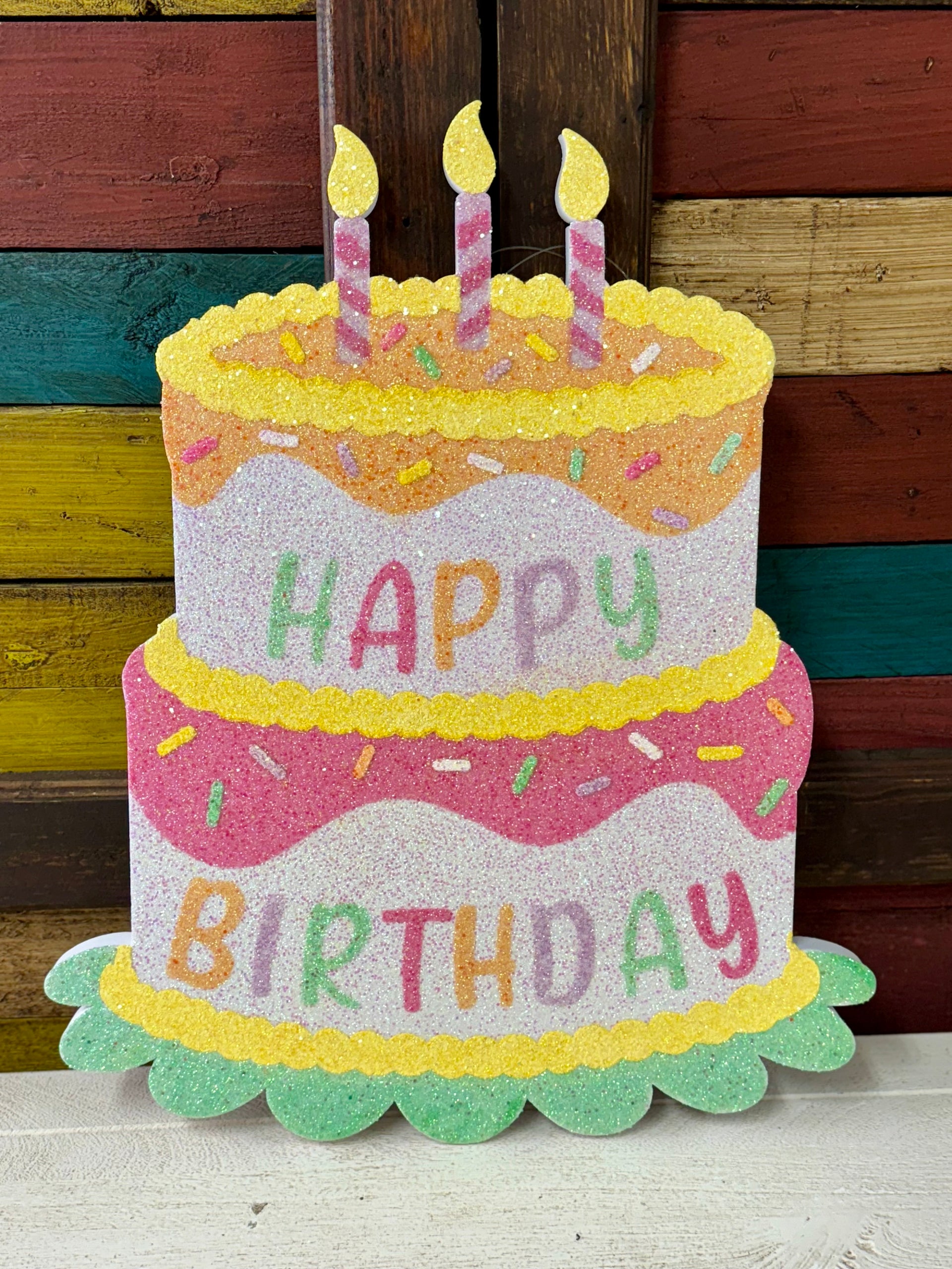 Happy Birthday Pastel Glittered Eva Birthday Cake Sign