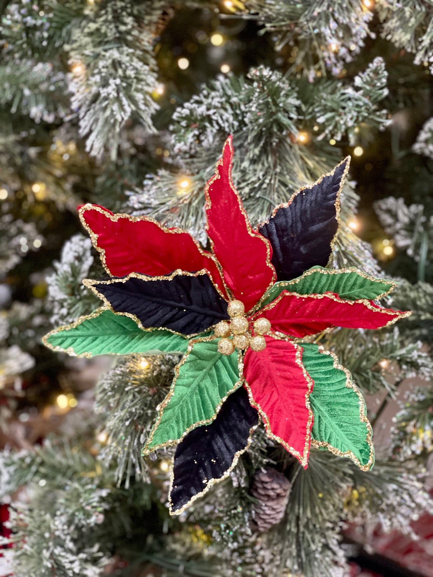 24 Inch Red Green And Black Poinsettia Stem