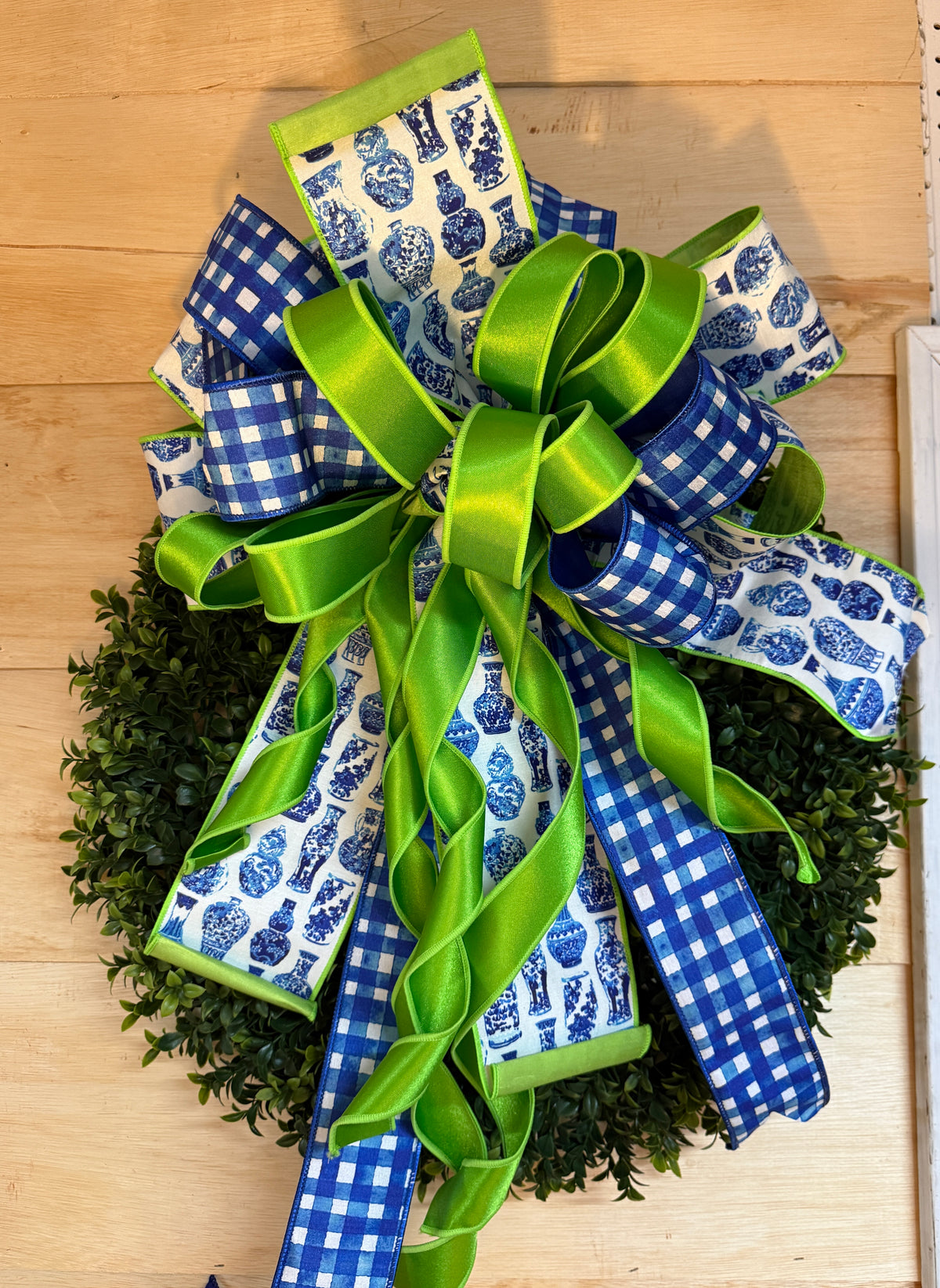 Sophie Blue Chinoserie And Green Premade Bow