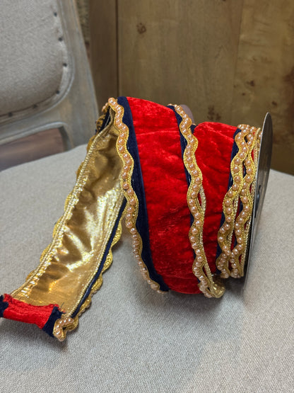 John Mark 2.5 Inch By 10 Yard Red Velvet With Navy And Beaded Trim Edged Ribbon