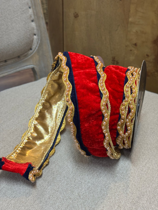 John Mark 2.5 Inch By 10 Yard Red Velvet With Navy And Beaded Trim Edged Ribbon