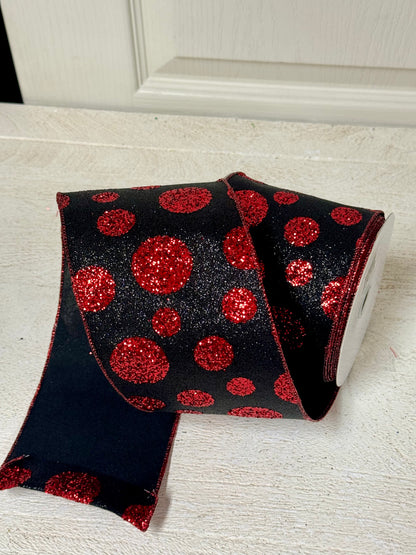 4 Inch By 10 Yard Black And Red Glitter Giant Polka Dots Ribbon