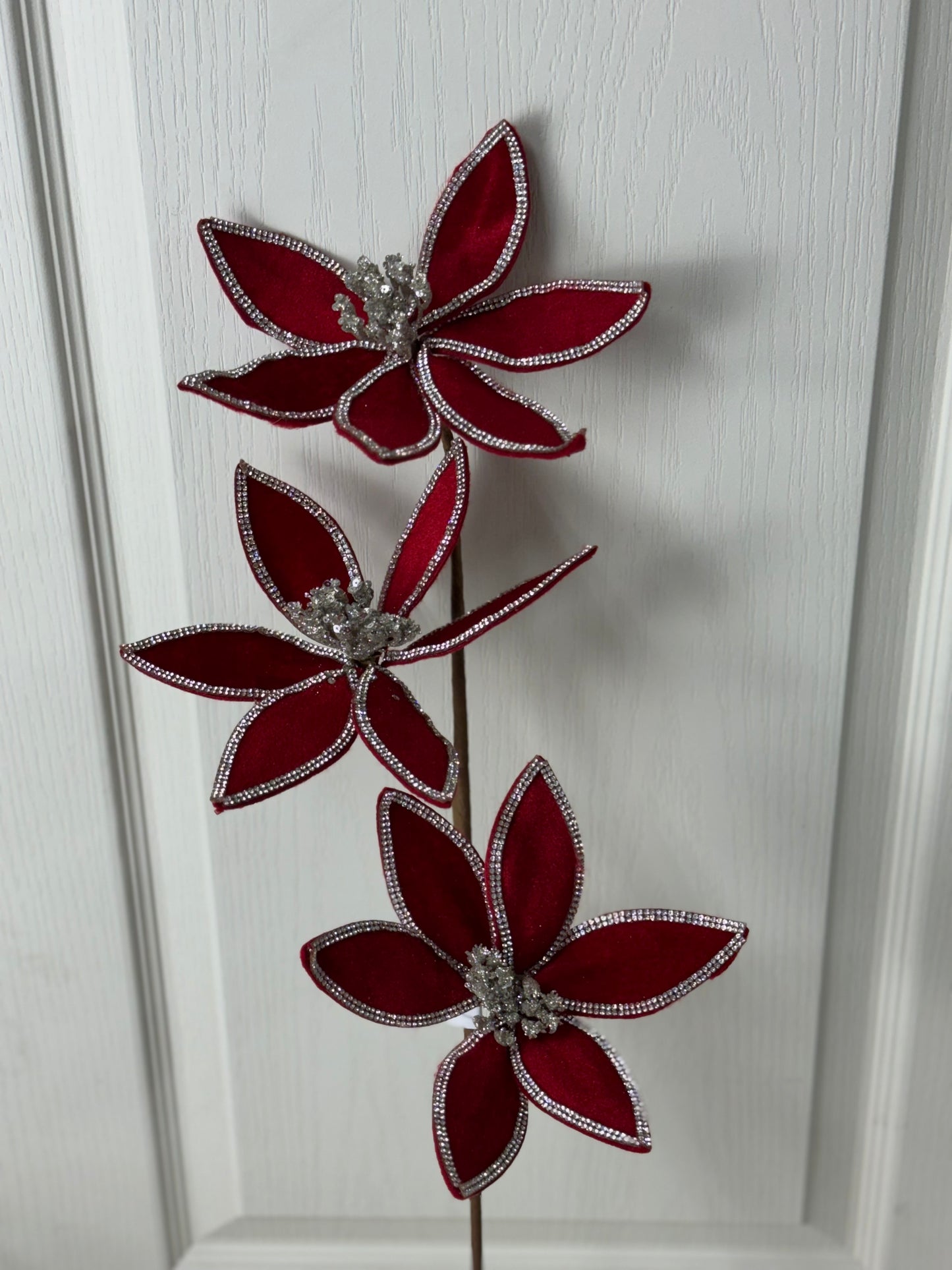 24 Inch Red Velvet Poinsettia Stem With Silver Jewels