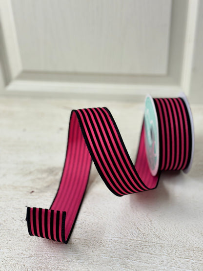 1.5 Inch By 10 Yard Pink And Black Velvet Striped Ribbon