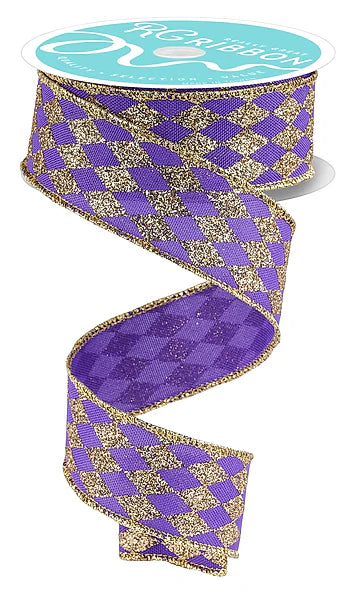 1.5 Inch By 10 Yard Purple And Gold Glitter Harlequin Ribbon