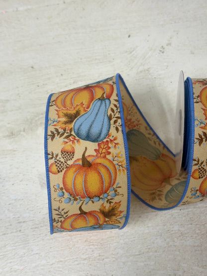 2.5 Inch By 10 Yard Orange Blue Pumpkin Gourd Leaves Ribbon