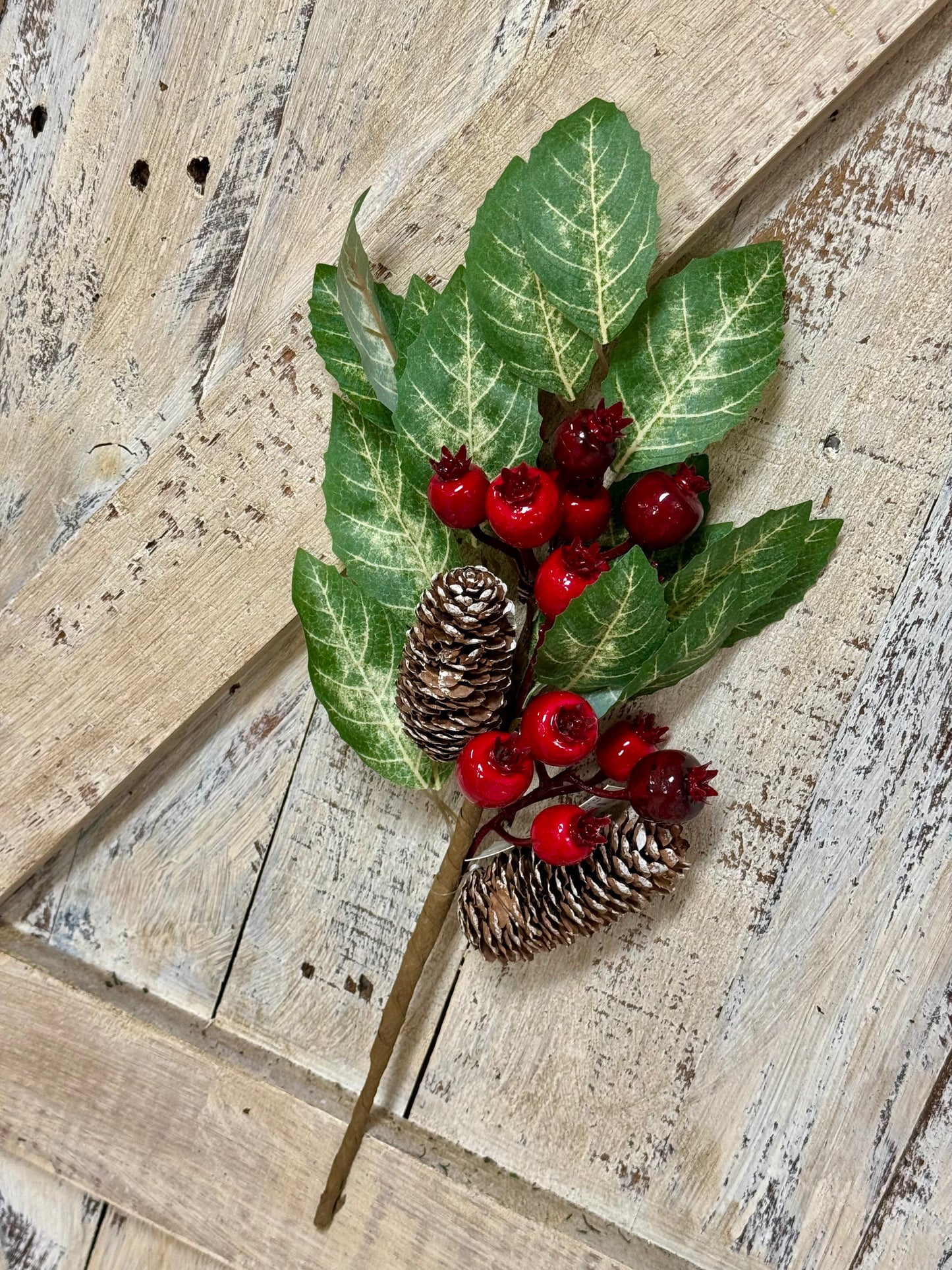 16 Inch Red And Green Berry Pinecone With Leaves Pick