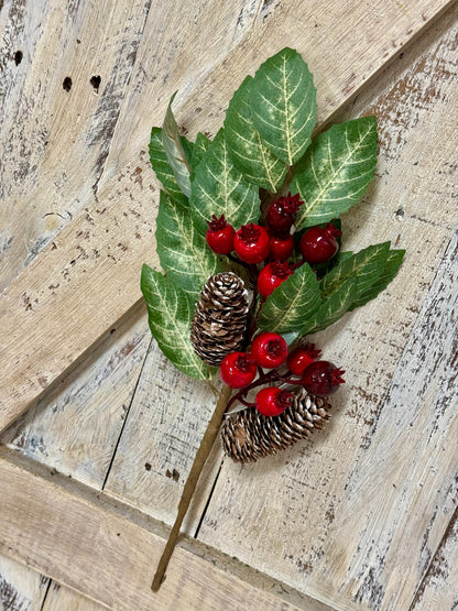 16 Inch Red And Green Berry Pinecone With Leaves Pick