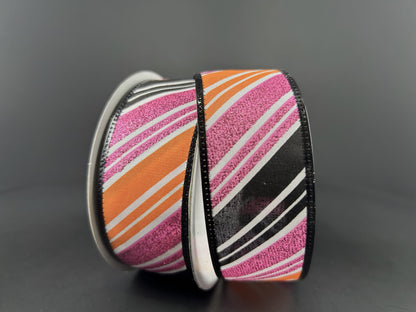 1.5 Inch By 10 Yard Orange Black And Pink Striped Ribbon